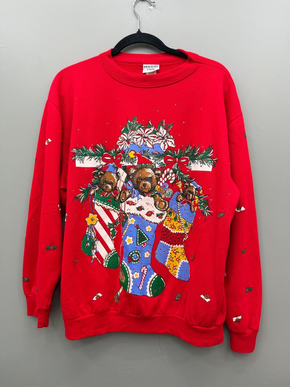 Vintage Holiday Time Christmas Sweatshirt Medium Teddy Bear Stocking Kitsch